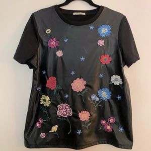 Zara Faux Leather Top with Floral Embroidery